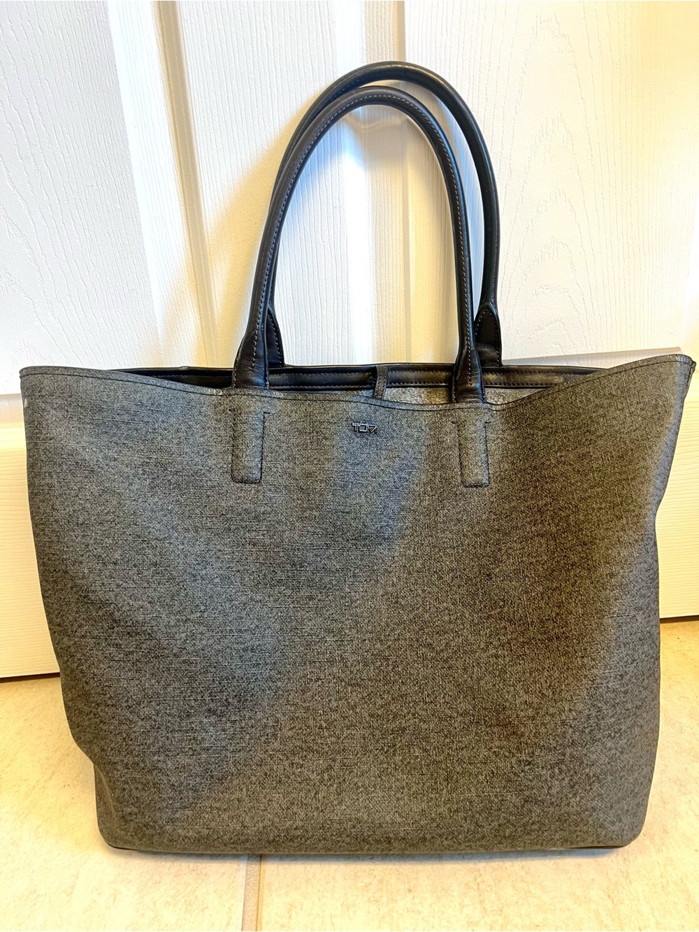 Tumi Gray Tote with Black Leather Handles